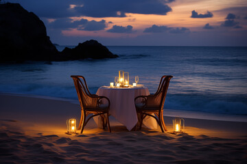 Romantic candlelit dinner for two on a secluded beach with waves crashing gently in the background. Generative AI