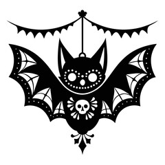 Design a vector silhouette of a bat adorned with intricate patterns inspired by traditional Mexican folk art