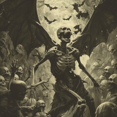 A skeletal demon with menacing bat wings gleefully laughs amidst a horde of damned zombies
