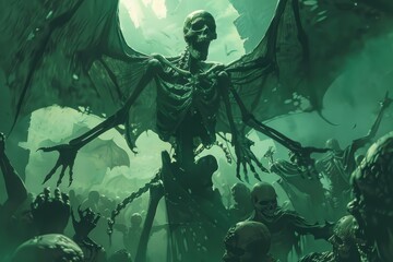 A skeletal demon with menacing bat wings gleefully laughs amidst a horde of damned zombies
