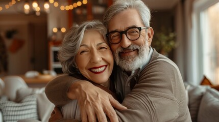 Fototapeta premium couple senior family smile and happy activity together, cuddling, warm hugs, senior or adult love, married couple, warm family. Husband and wife in love so fun in important days, celebrating.
