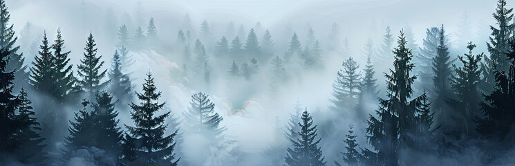 Fototapeta premium Beautiful morning coniferous forest in the fog