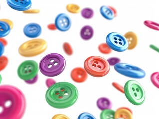colorful clothing buttons flying on white background