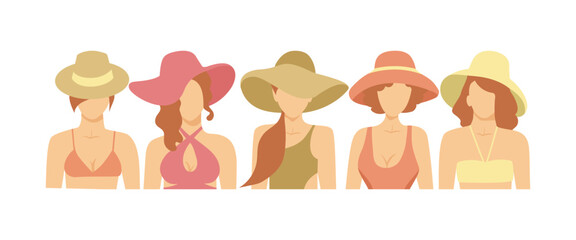 A group of girls in swimsuits. Upper body. Pastel shades.