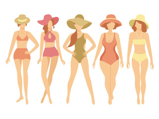 A group of girls in swimsuits and sun hats. Pastel shades.