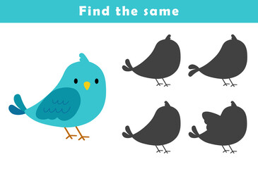  Find the correct shadow of the cute illustration of blue bird. Educational logic game for children. Printable worksheet.