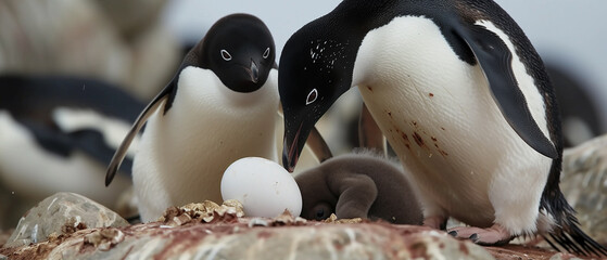 penguins meet their baby penguin as it hatches from the egg.