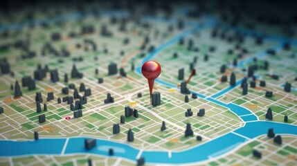 .3D Map travel location. Locator mark of map and location pin or navigation icon sign on background with search. 3D rendering.