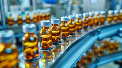 Fototapeta premium Medical vials on production line at pharmaceutical factory, Pharmaceutical machine working pharmaceutical glass bottles production line, health care, pandemic