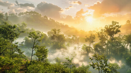 Tropical Rainforest at Dawn, Lush Greenery and Misty Morning in the Dense Amazon Jungle