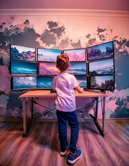 petit garçon jouant à des jeux vidéos devant un grand nombre d'écran dans une pièce délabrée en ia