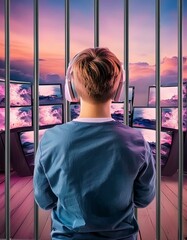 jeune homme sur des jeux vidéos derrière des barreaux de prison en ia