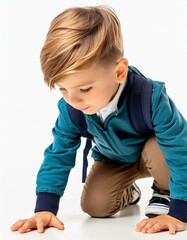petit garçon à quatre pattes regadant au sol en ia