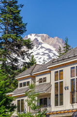 Top of modern apartment building with lamps, trees and beautiful mountain view in Vancouver, Canada, North America.