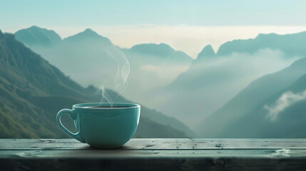 A cup of aromatic coffee against the backdrop of white mountains 