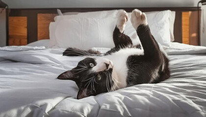 Tuxedo Cat Rolling Around on a Bed AI