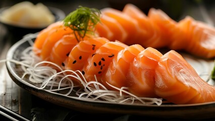 Authentic Japanese Salmon Sashimi featuring Fresh Fish Fillet and Sliced Fish. Concept Japanese Cuisine, Salmon Sashimi, Fresh Ingredients, Authentic Dish
