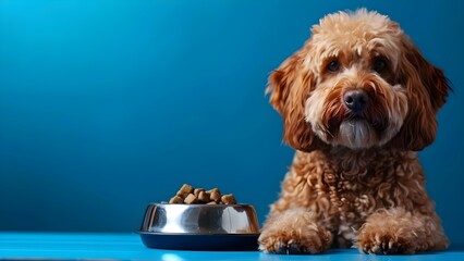 Promotional Image of Dog Next to Food Bowl for Pet Food Advertising. Concept Pet Food, Advertising, Dog, Promotional Image, Food Bowl