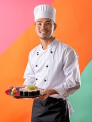 A male chef dressed in a traditional white uniform and chef hat, presenting a sushi platter. The setting features a vibrant orange background, emphasizing a culinary focus and a professional setting.
