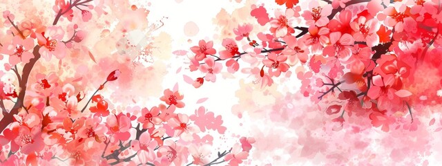This watercolor cherry blossom floral background vector illustration features a pink and red color palette against a white background. It uses pastel colors with high resolution.