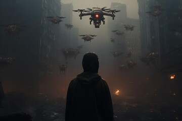 Craft a visually striking composition that merges the chaos of a breaking news story with the eerie stillness of a drone-captured dystopian world