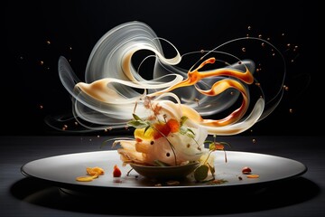 Merge the precision of culinary tools with the fluidity of abstract art, highlighted by a play of light and shadow, creating a mesmerizing visual feast for the audience