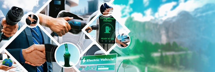 EV electric car vehicle charging and sustainable LCA green energy technology presented in panoramic...