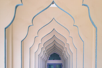 Interior diminishing perspective view of hallway along with gable partitions wall at Bang O mosque...