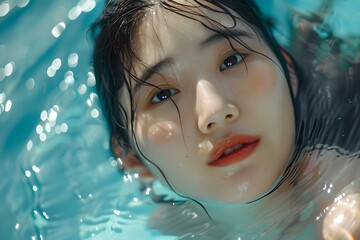 A young woman swimming in a pool of water