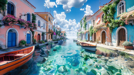 Naklejka premium Venetian Canal with Gondolas, Historic Architecture and Vibrant City Life in Venice, Italy