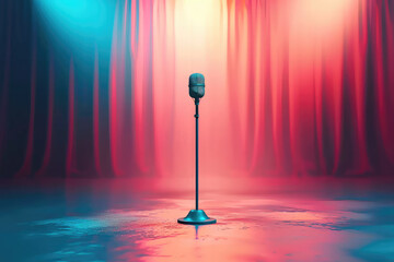 A microphone stand on an empty stage, embodying the power of expression and communication in the absence of words.