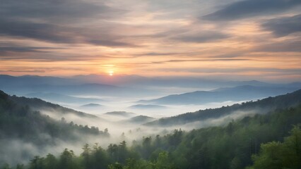 Sunrise in the mountains, morning haze view from above, summer nature landscape