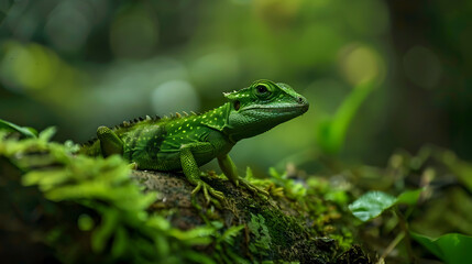 Fototapeta premium Green Lizard Blending into Vibrant Jungle Foliage on International Biodiversity Day