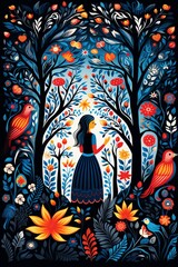 Folk art scene with a woman admiring a vibrant floral tapestry, birds in flight, vector style, highresolution, clear details ,  clean and clear drawing