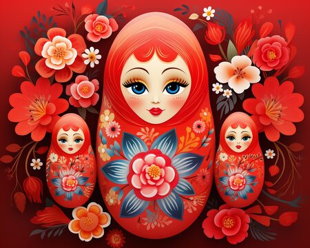 Folkinspired matryoshka doll vector art, detailed floral motifs, vibrant and clear against a red field ,  clean and clear drawing