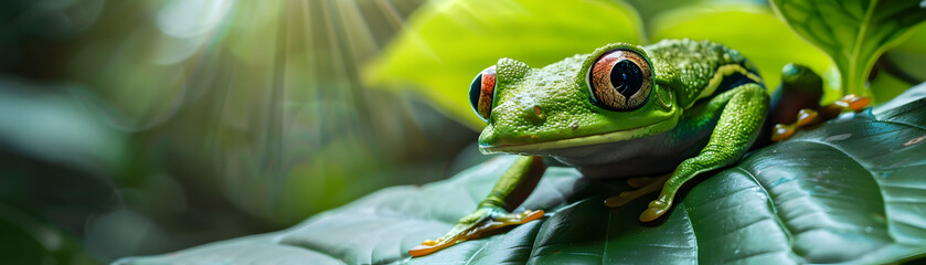 Curious Green Frog Resting on Lush Tropical Foliage with Sunlight Beams