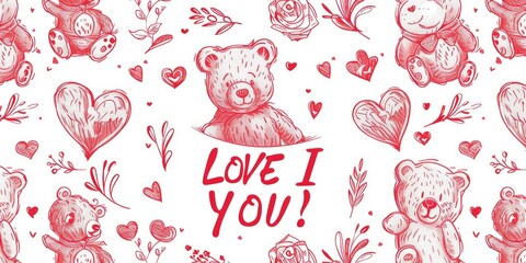 Seamless pattern with hearts, teddy bears and roses. Red doodle line art on a white background. Love concept. Valentines day illustration. "I love you" banner.
