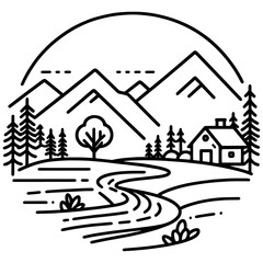 view mountain, landscape, valley, peaks, clouds, sunrise, line vector