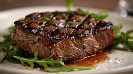 Grilled steak on a bed of arugula