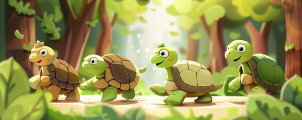 A group of four turtles walking through a forest. The turtles are smiling and appear to be happy