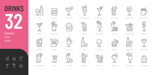 Drinks Line Editable Icons set. Vector illustration in modern thin line style of beverages related icons: beer, wine, cocktail, and more. Pictograms and infographics for mobile apps. 