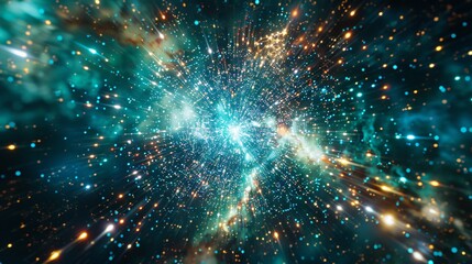 Obraz premium Teal and Gold Cosmic Particle Explosion Abstract