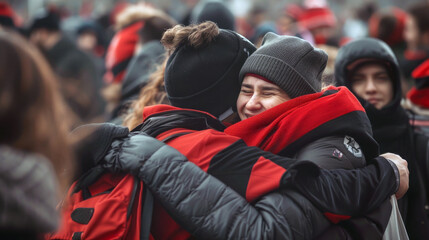 A group of people are hugging each other in the cold