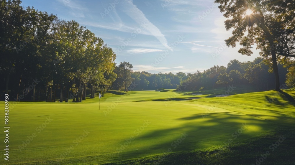 Wall mural a golf course with a green grassy field