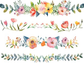 floral borders, watercolor hand drawn on white background