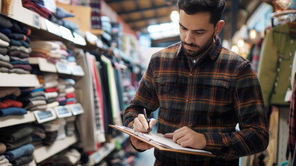 A man is writing on a clipboard in a clothing store