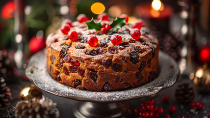 Traditional Christmas fruitcake with decorations