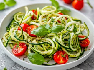 Light and fresh spiralized zucchini noodle salad adorned with ripe cherry tomatoes and basil leaves, seasoned with a sprinkle of black pepper.