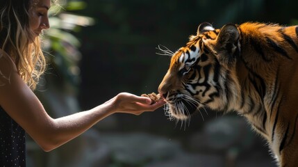 Close-up of a tiger eating food from a woman's hand