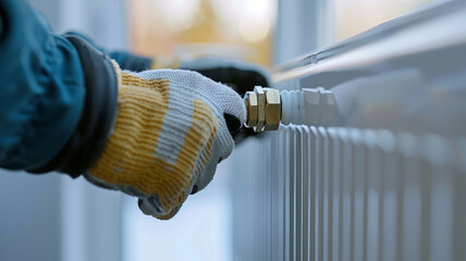Person adjusting a radiator valve.